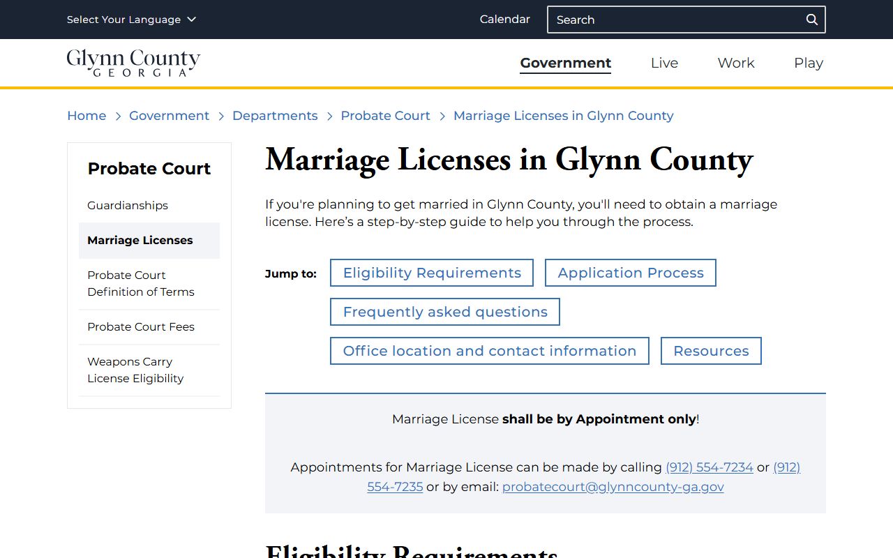 Glynn County marriage records Probate Court license page